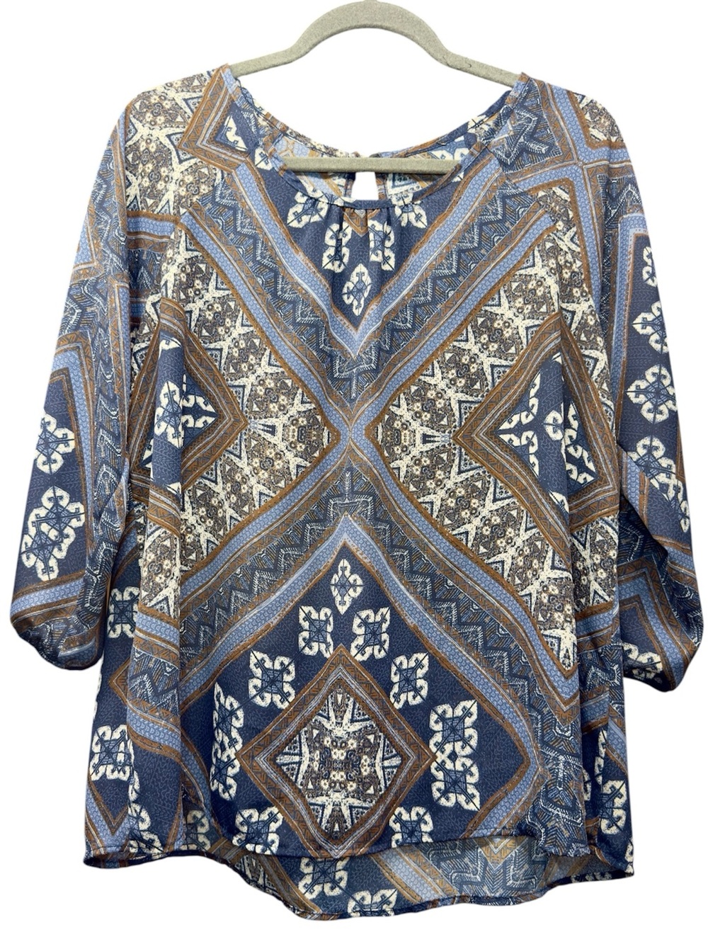 Papermoon Boho Geometric Print Blouse Blue Brown 3/4 Sleeve Keyhole Neck XL